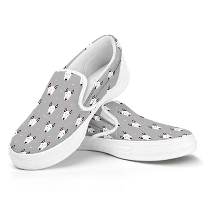Cute Bull Terrier Faces Pattern Print White Slip On Shoes
