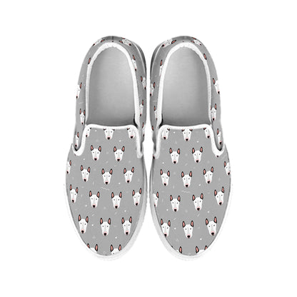 Cute Bull Terrier Faces Pattern Print White Slip On Shoes