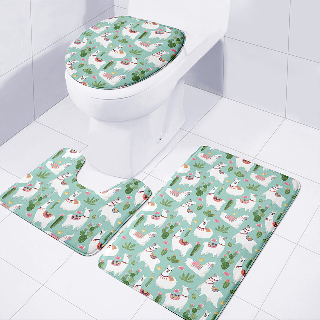 Cute Cactus And Llama Pattern Print 3 Piece Bath Mat Set