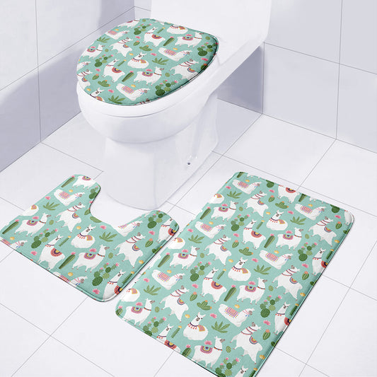 Cute Cactus And Llama Pattern Print 3 Piece Bath Mat Set