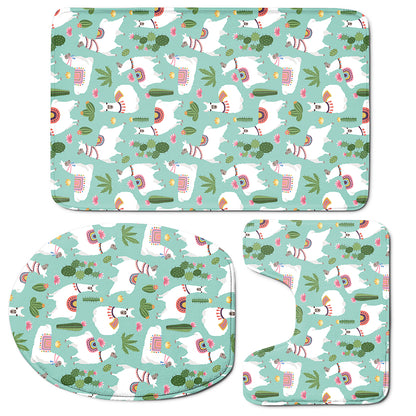 Cute Cactus And Llama Pattern Print 3 Piece Bath Mat Set