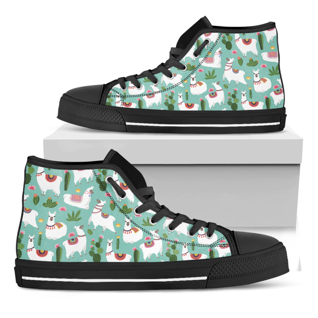 Cute Cactus And Llama Pattern Print Black High Top Shoes