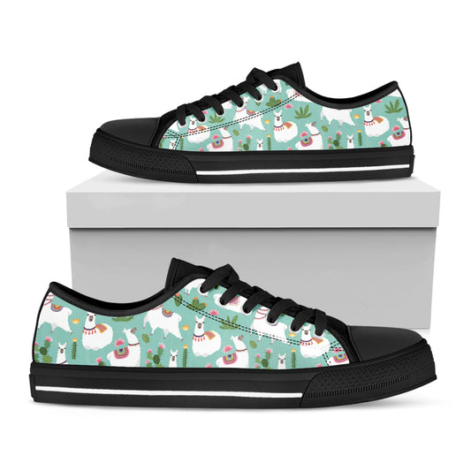 Cute Cactus And Llama Pattern Print Black Low Top Shoes