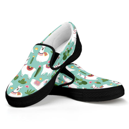 Cute Cactus And Llama Pattern Print Black Slip On Shoes