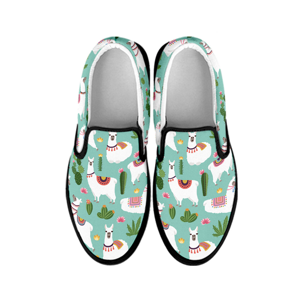 Cute Cactus And Llama Pattern Print Black Slip On Shoes