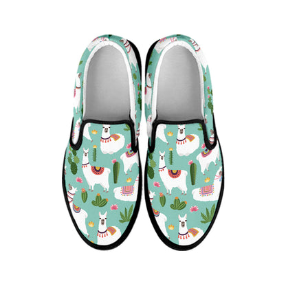 Cute Cactus And Llama Pattern Print Black Slip On Shoes