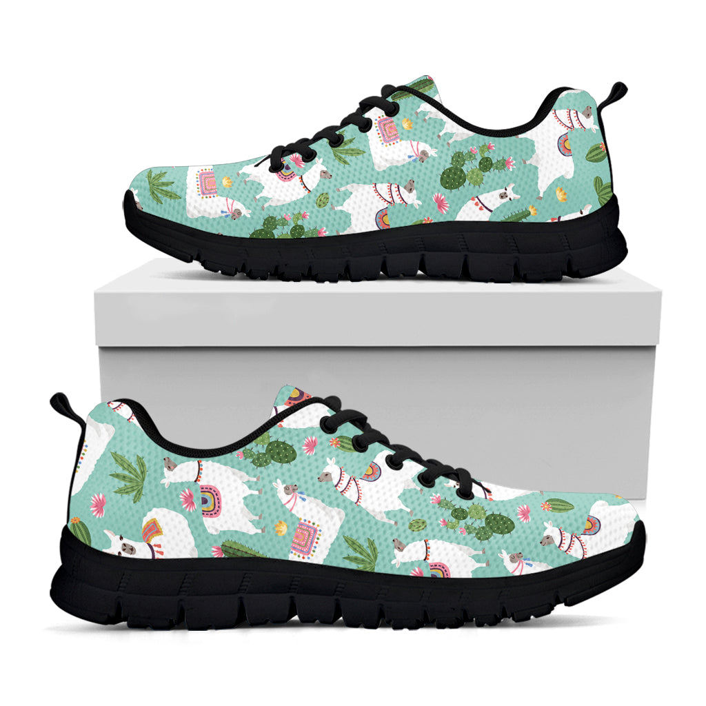 Cute Cactus And Llama Pattern Print Black Sneakers