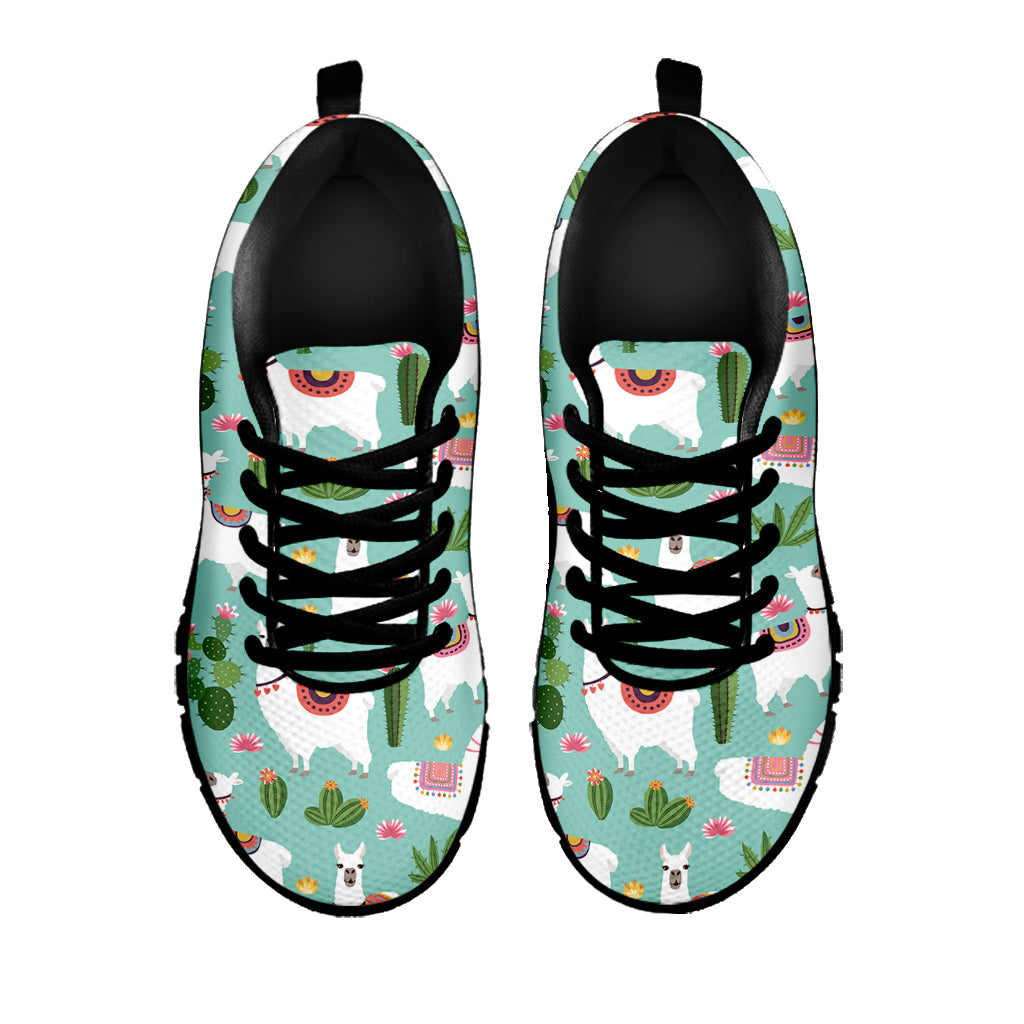 Cute Cactus And Llama Pattern Print Black Sneakers
