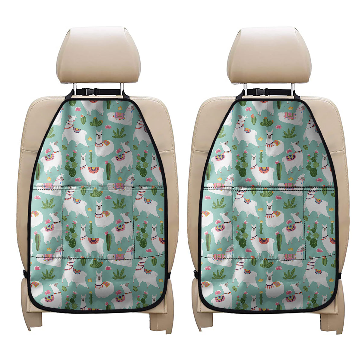 Cute Cactus And Llama Pattern Print Car Seat Organizers