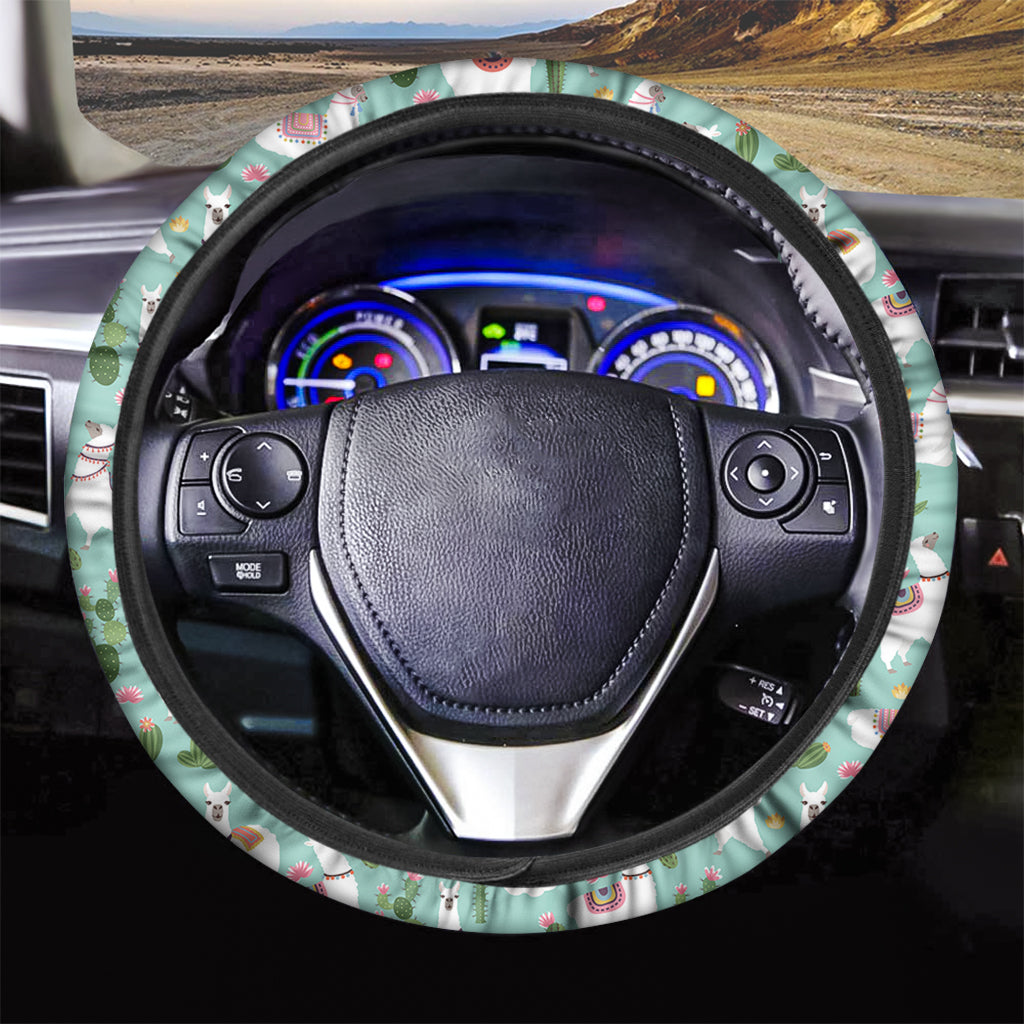 Cute Cactus And Llama Pattern Print Car Steering Wheel Cover