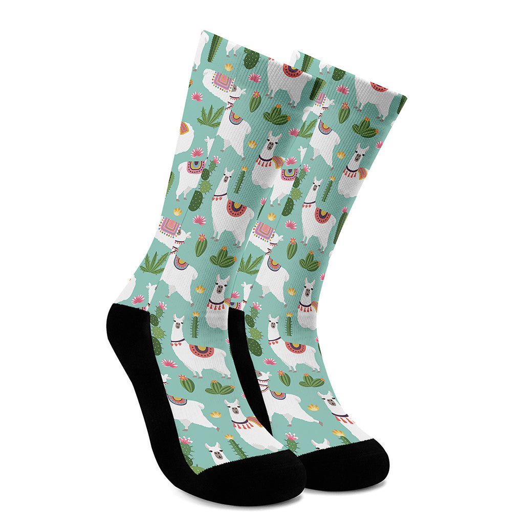 Cute Cactus And Llama Pattern Print Crew Socks