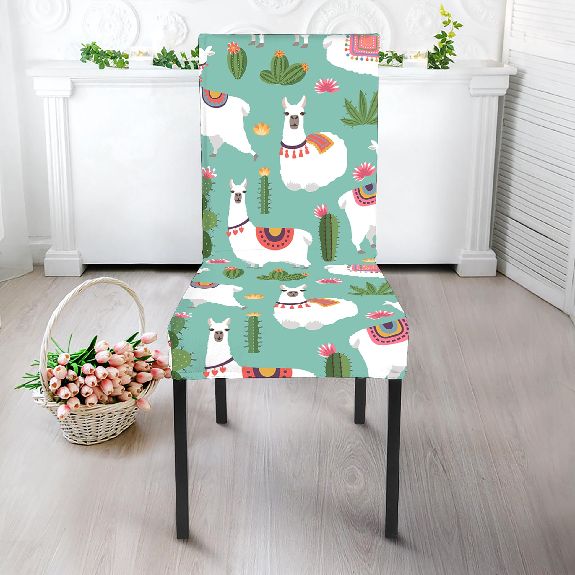 Cute Cactus And Llama Pattern Print Dining Chair Slipcover