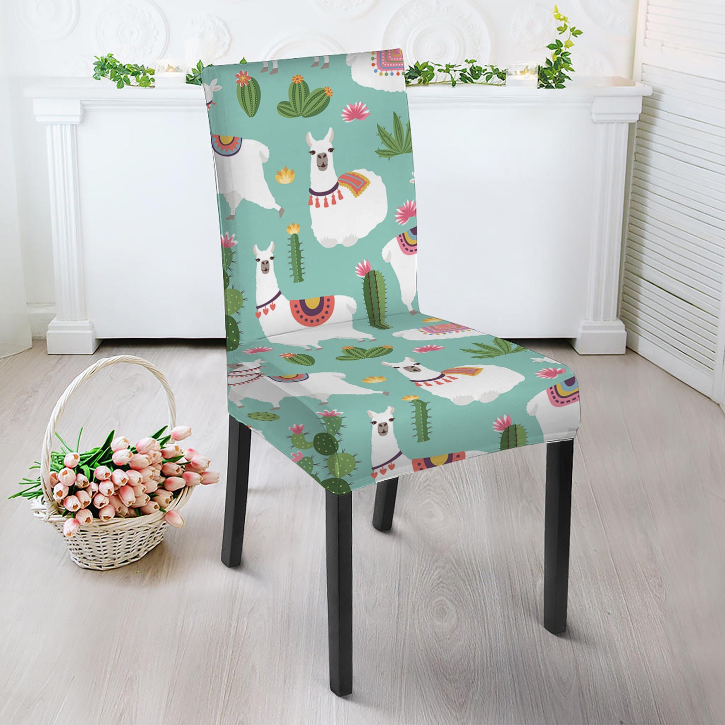 Cute Cactus And Llama Pattern Print Dining Chair Slipcover