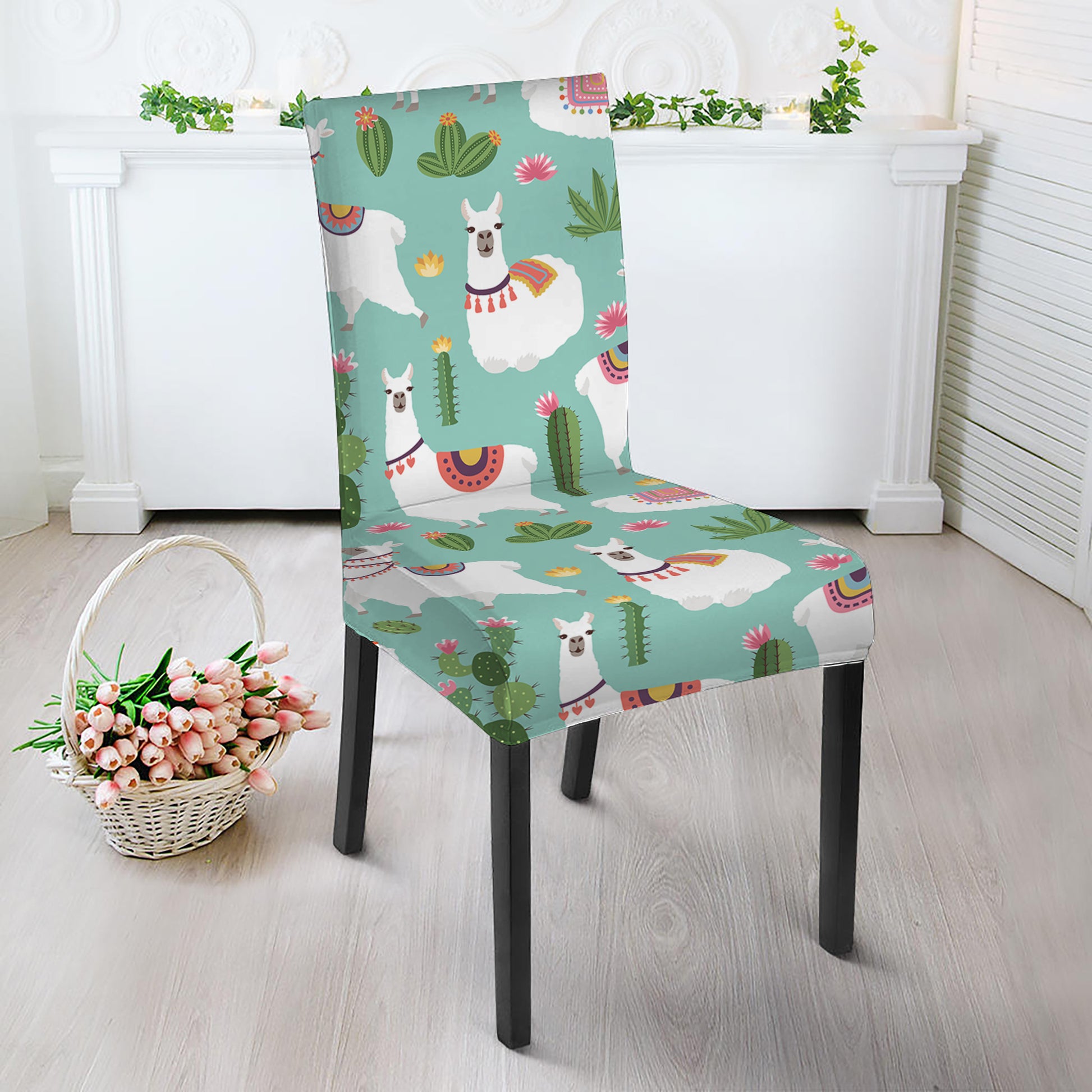 Cute Cactus And Llama Pattern Print Dining Chair Slipcover
