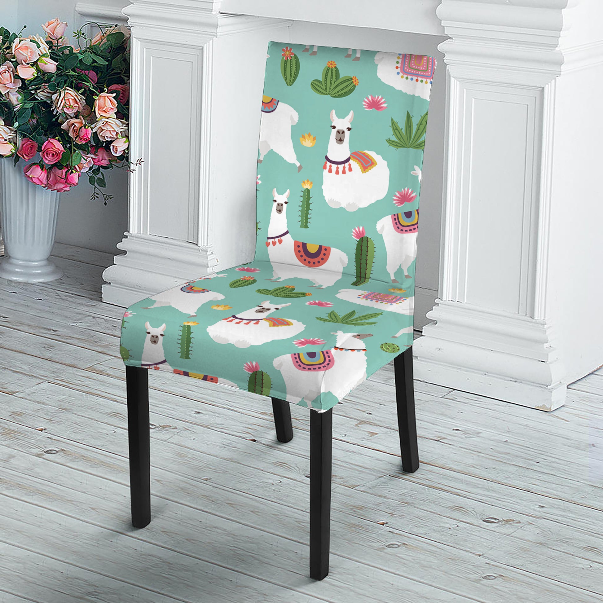 Cute Cactus And Llama Pattern Print Dining Chair Slipcover