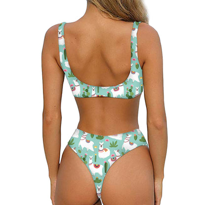 Cute Cactus And Llama Pattern Print Front Bow Tie Bikini