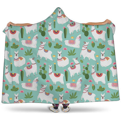 Cute Cactus And Llama Pattern Print Hooded Blanket