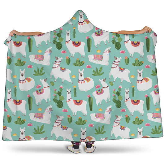 Cute Cactus And Llama Pattern Print Hooded Blanket