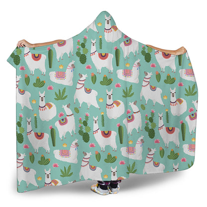 Cute Cactus And Llama Pattern Print Hooded Blanket