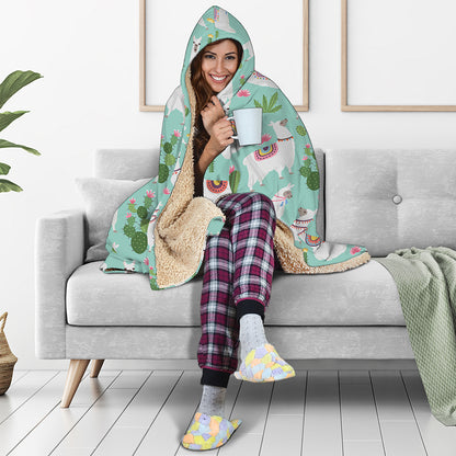 Cute Cactus And Llama Pattern Print Hooded Blanket