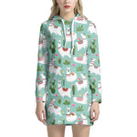 Cute Cactus And Llama Pattern Print Hoodie Dress