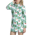 Cute Cactus And Llama Pattern Print Hoodie Dress