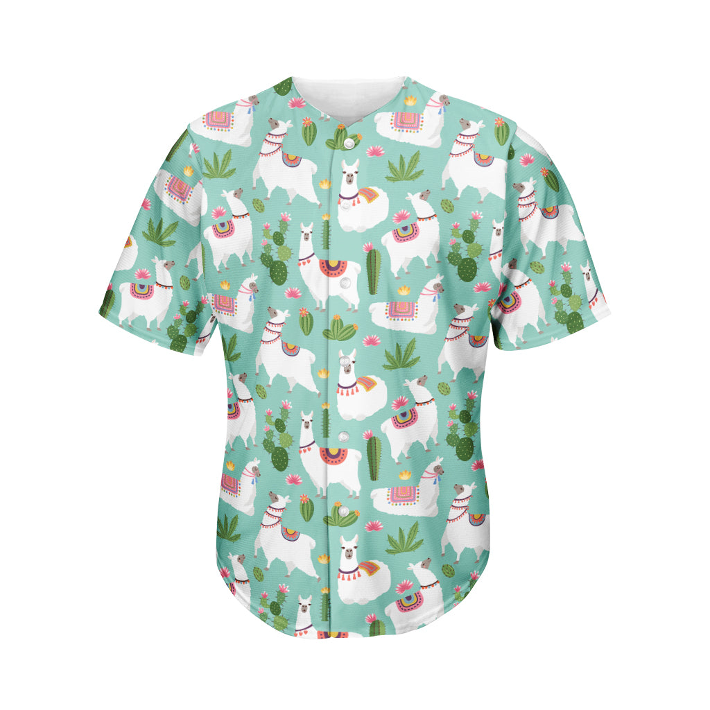 Cute Cactus And Llama Pattern Print Men's Baseball Jersey