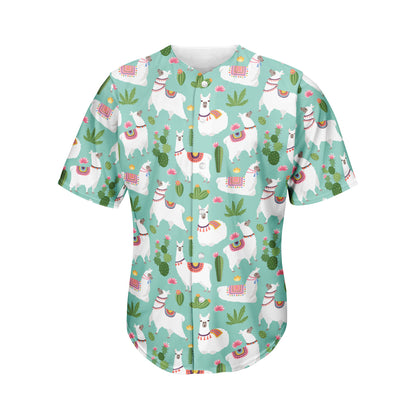 Cute Cactus And Llama Pattern Print Men's Baseball Jersey