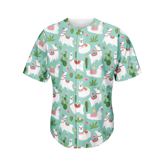 Cute Cactus And Llama Pattern Print Men's Baseball Jersey