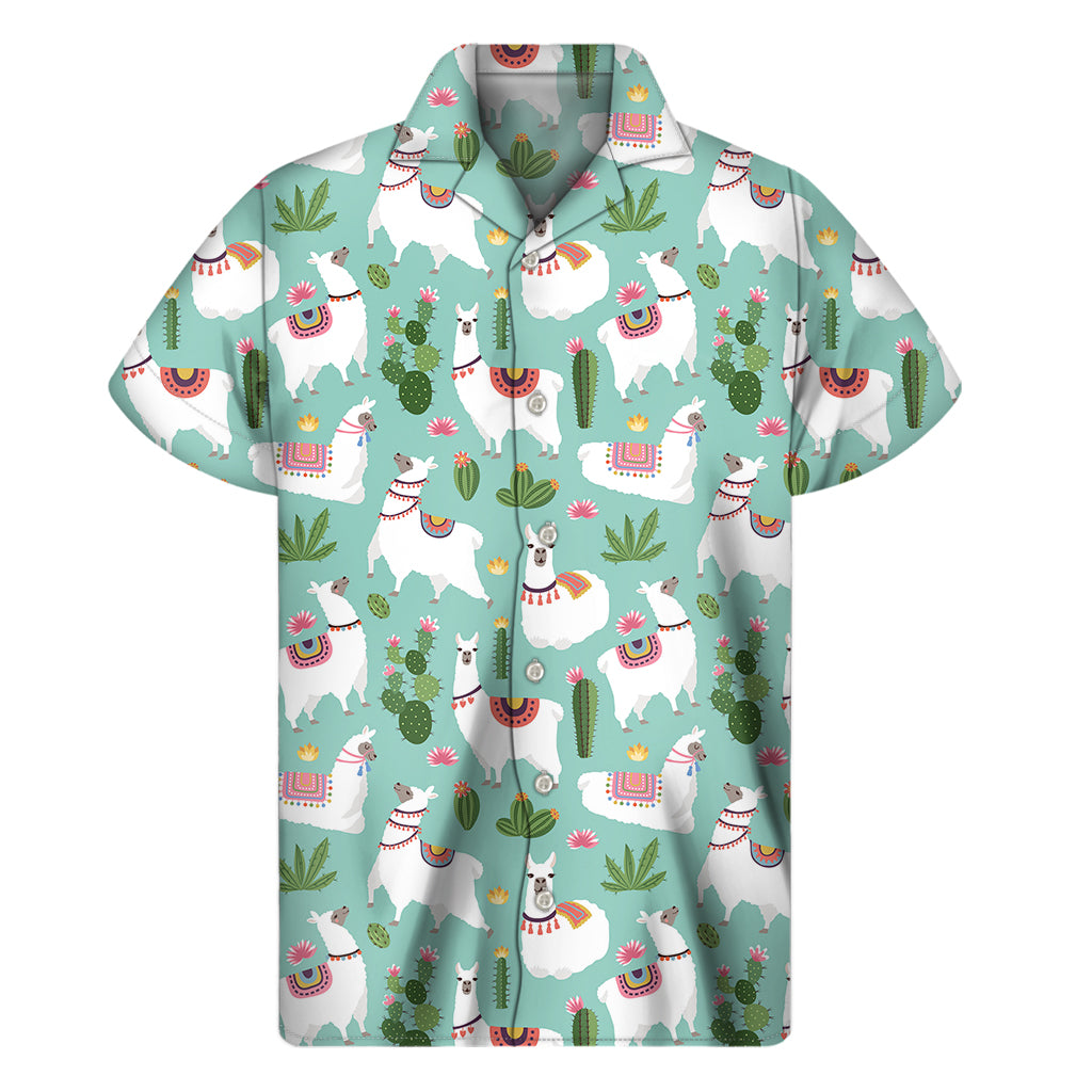 Cute Cactus And Llama Pattern Print Men's Short Sleeve Shirt
