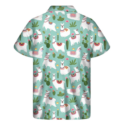 Cute Cactus And Llama Pattern Print Men's Short Sleeve Shirt