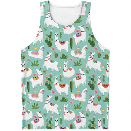 Cute Cactus And Llama Pattern Print Men's Tank Top
