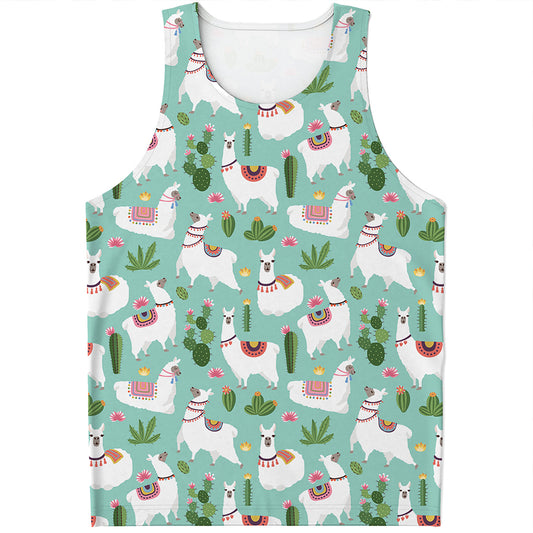 Cute Cactus And Llama Pattern Print Men's Tank Top