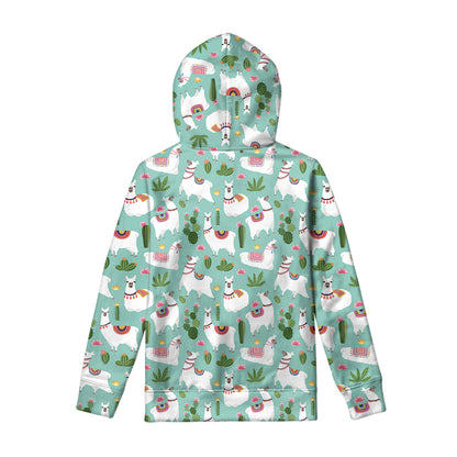 Cute Cactus And Llama Pattern Print Pullover Hoodie