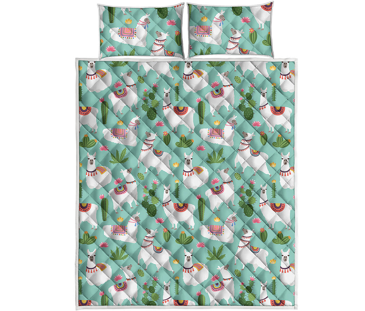Cute Cactus And Llama Pattern Print Quilt Bed Set