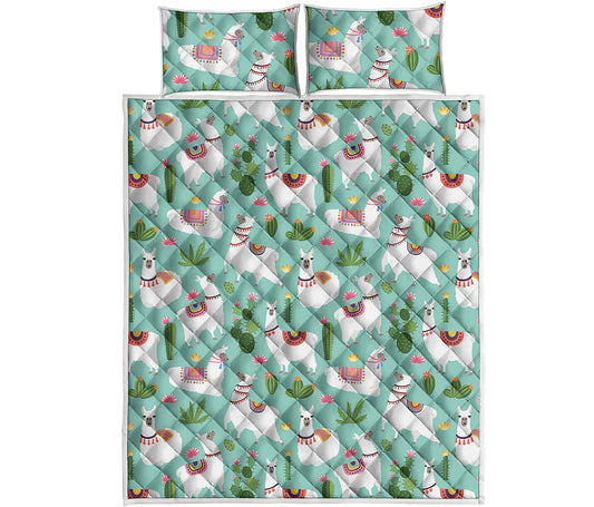 Cute Cactus And Llama Pattern Print Quilt Bed Set