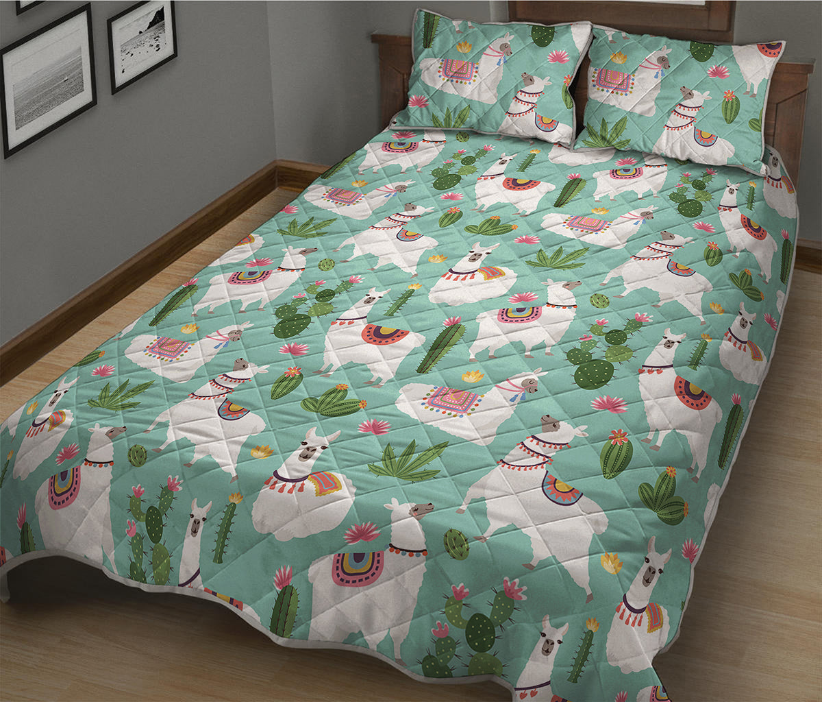 Cute Cactus And Llama Pattern Print Quilt Bed Set