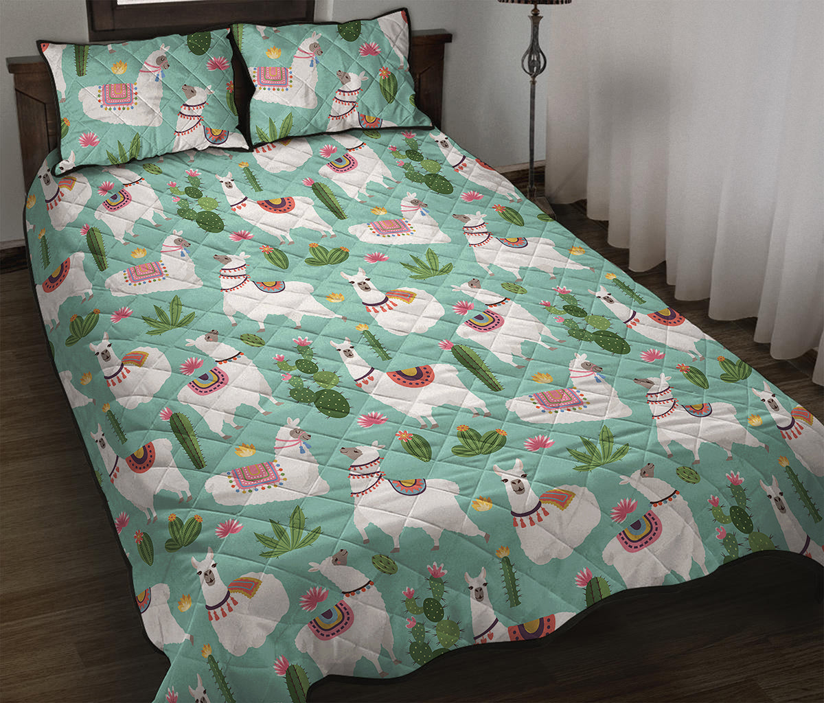 Cute Cactus And Llama Pattern Print Quilt Bed Set