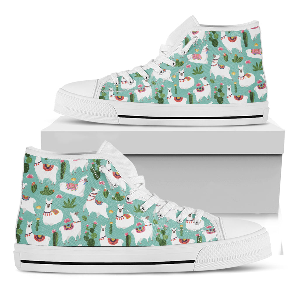 Cute Cactus And Llama Pattern Print White High Top Shoes