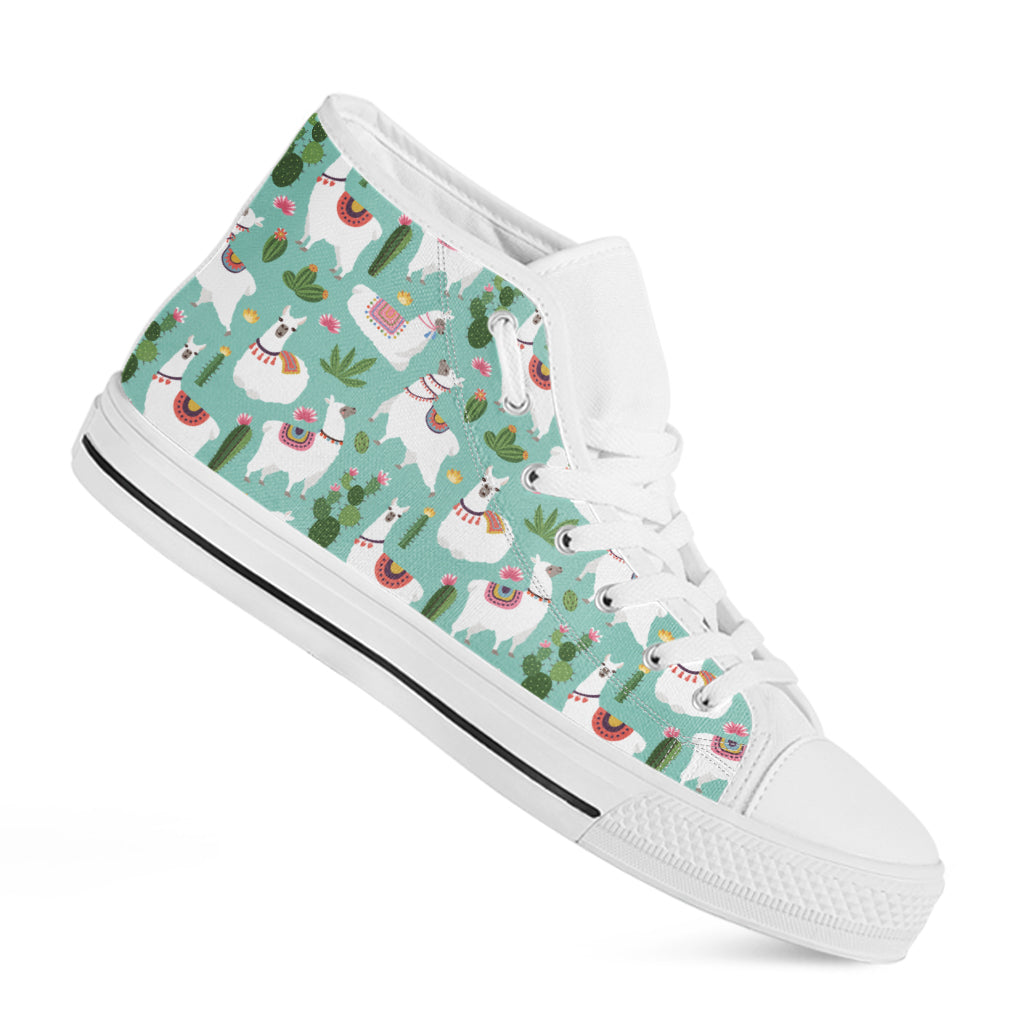 Cute Cactus And Llama Pattern Print White High Top Shoes