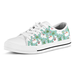 Cute Cactus And Llama Pattern Print White Low Top Shoes