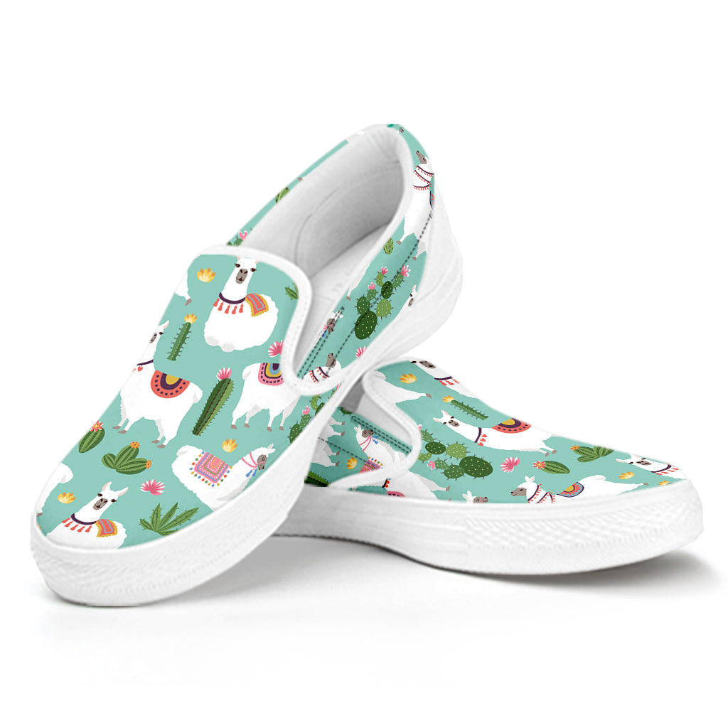 Cute Cactus And Llama Pattern Print White Slip On Shoes