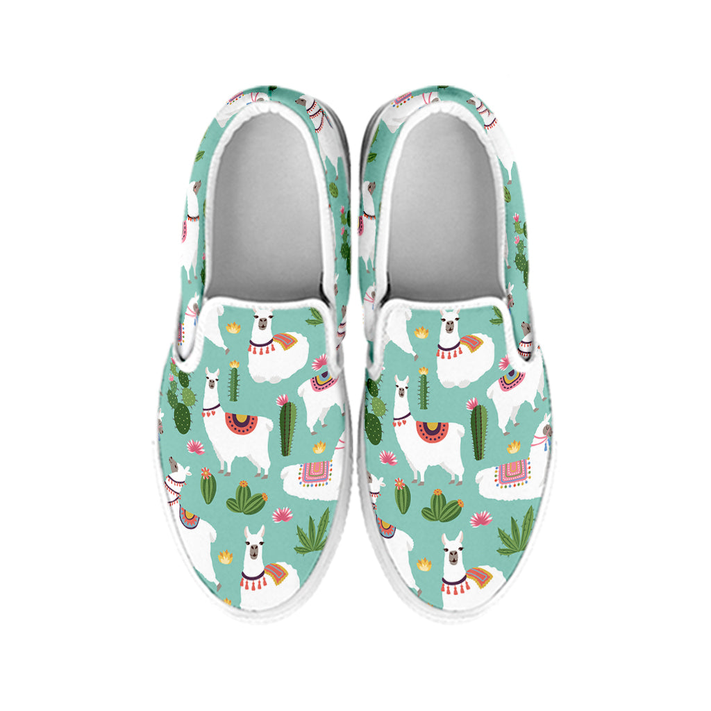 Cute Cactus And Llama Pattern Print White Slip On Shoes