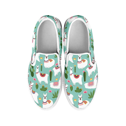 Cute Cactus And Llama Pattern Print White Slip On Shoes