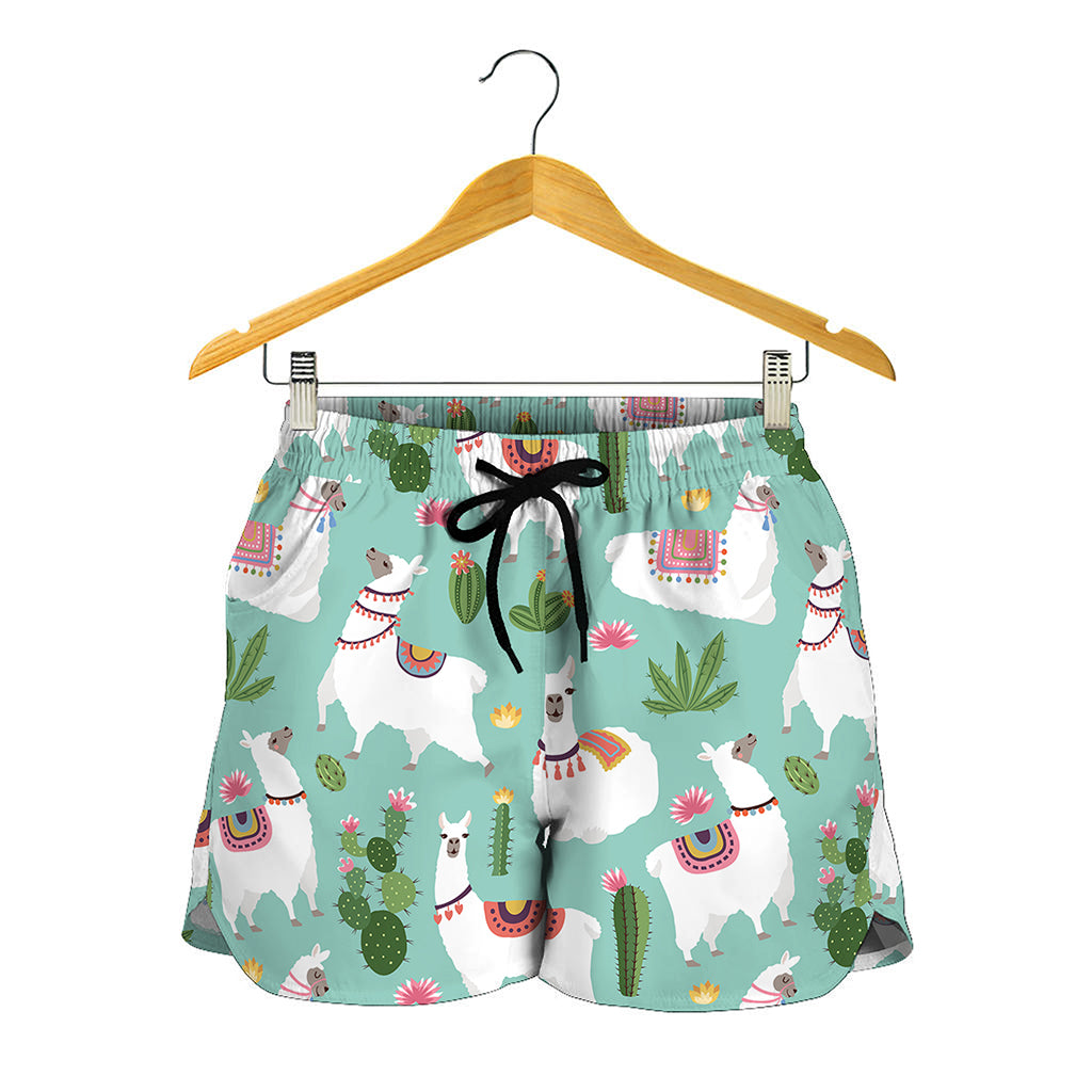 Cute Cactus And Llama Pattern Print Women's Shorts