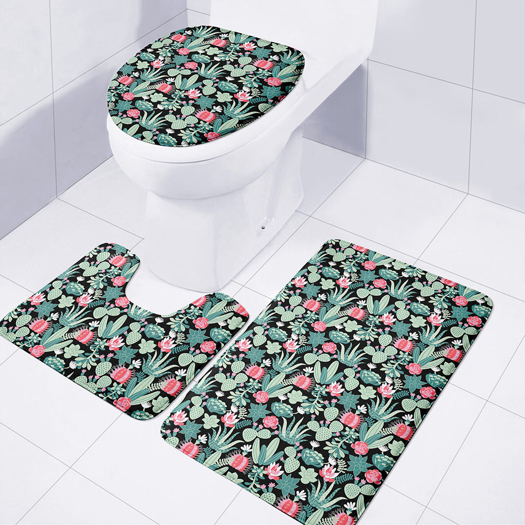 Cute Cactus And Succulent Print 3 Piece Bath Mat Set