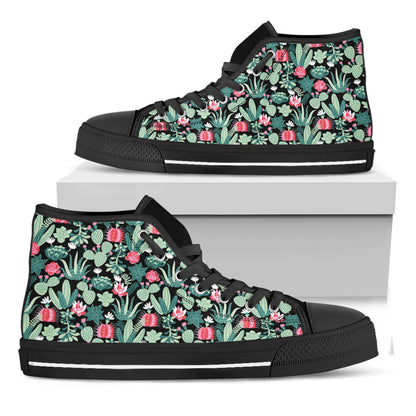 Cute Cactus And Succulent Print Black High Top Shoes