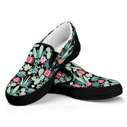 Cute Cactus And Succulent Print Black Slip On Shoes