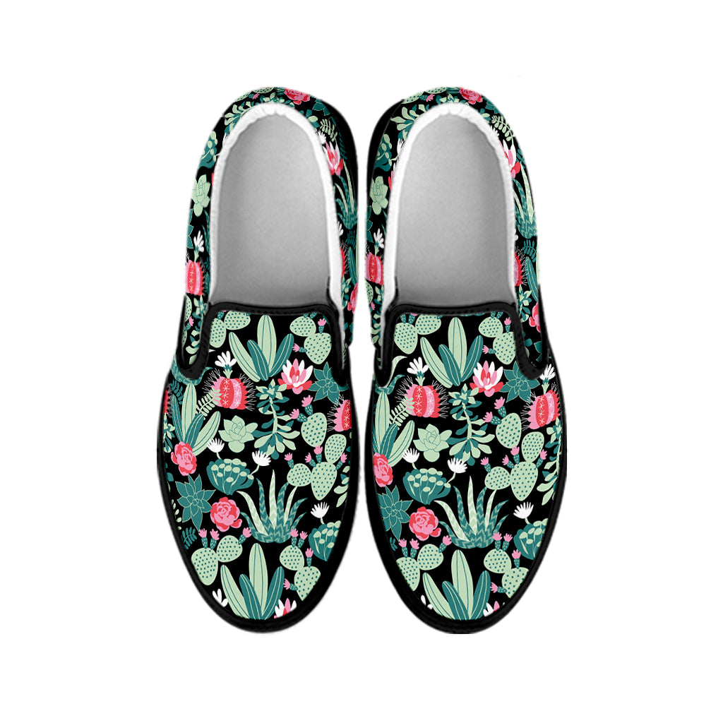 Cute Cactus And Succulent Print Black Slip On Shoes