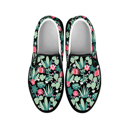 Cute Cactus And Succulent Print Black Slip On Shoes